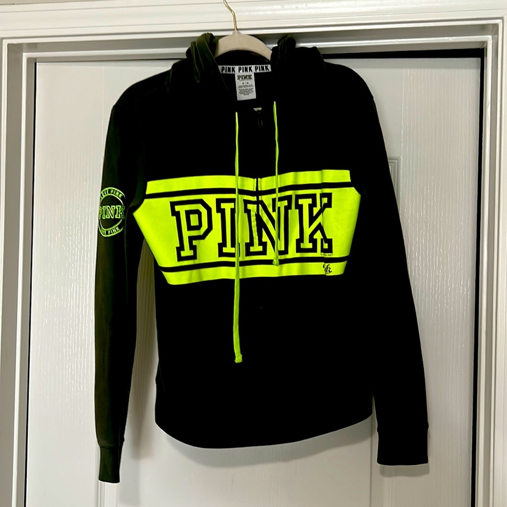 PINK green pullover with hoodie and zipper